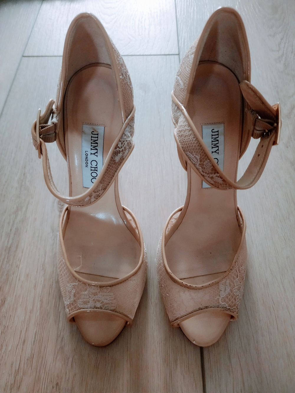 Authentic Jimmy Choo Nude Lace Peep-Toe Ankle Strap Heels-Size 37